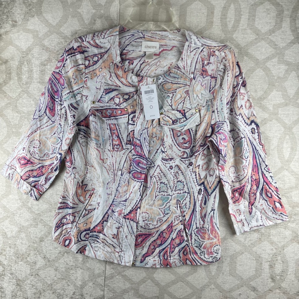 Chico's Multi Print Linen Women 0 Small Paisley 3/4 Sleeve Zip Jacket NWT